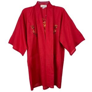 Vintage Deadstock 1970s Asian Embroidered Dragon Red Kimono M
